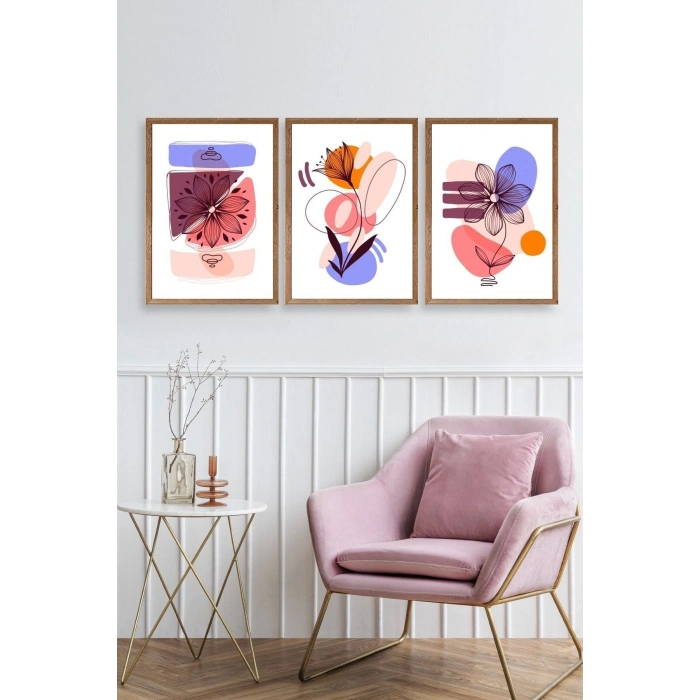 Çiçek Desenli Üçlü Ahşap Çerçeveli Tablo 23 x 30