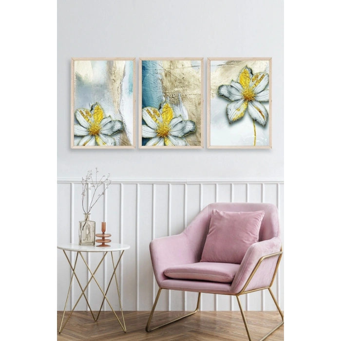 Çiçek Desenli Üçlü Ahşap Çerçeveli Tablo 23 x 30