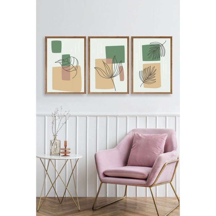 Çiçek Desenli Üçlü Ahşap Çerçeveli Tablo 23 x 30