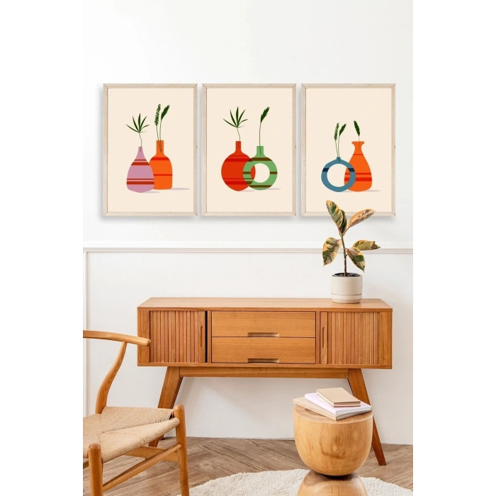 Çiçek Desenli Üçlü Ahşap Çerçeveli Tablo 23 x 30