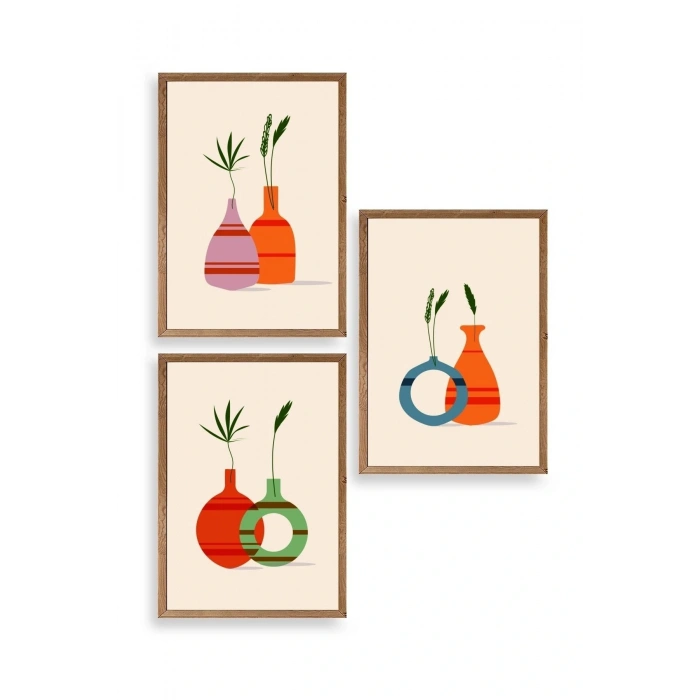 Çiçek Desenli Üçlü Ahşap Çerçeveli Tablo 30 x 42