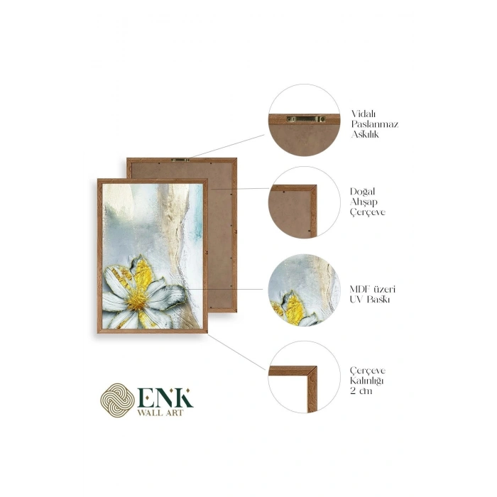 Çiçek Desenli Üçlü Ahşap Çerçeveli Tablo 30 x 42