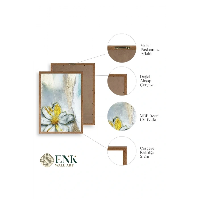 Çiçek Desenli Üçlü Ahşap Çerçeveli Tablo 30 x 42