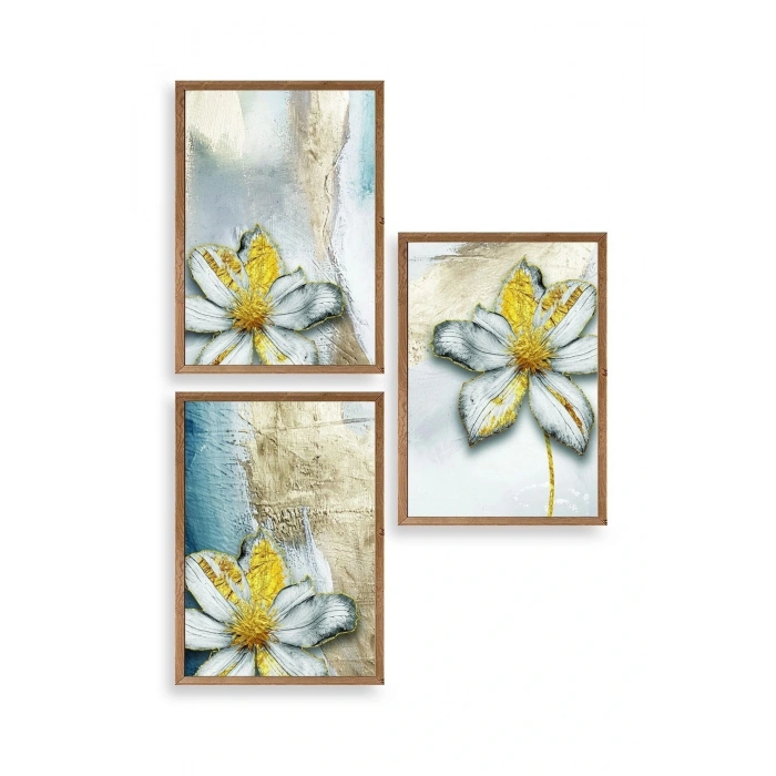 Çiçek Desenli Üçlü Ahşap Çerçeveli Tablo 50 x 70