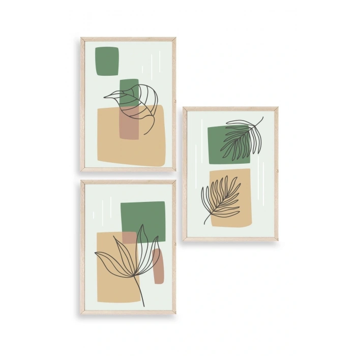 Çiçek Desenli Üçlü Ahşap Çerçeveli Tablo 50 x 70