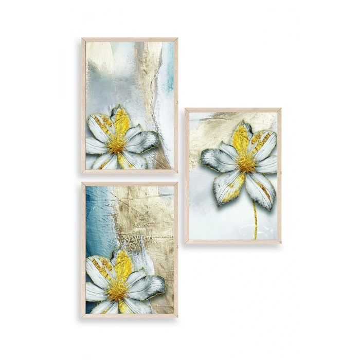 Çiçek Desenli Üçlü Ahşap Çerçeveli Tablo 50 x 70