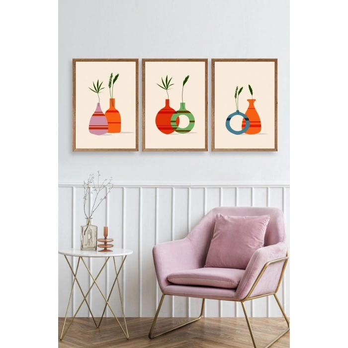 Çiçek Desenli Üçlü Ahşap Çerçeveli Tablo 50 x 70