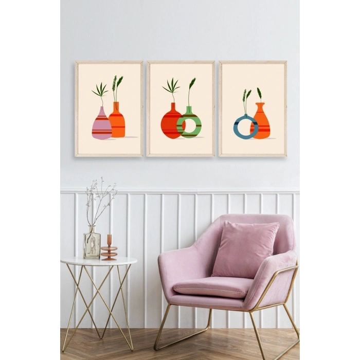 Çiçek Desenli Üçlü Ahşap Çerçeveli Tablo 50 x 70