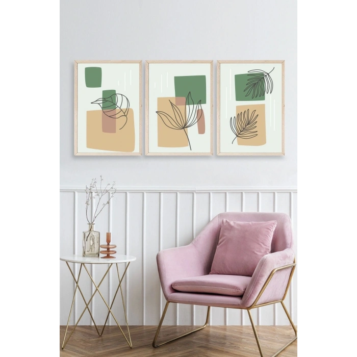 Çiçek Desenli Üçlü Ahşap Çerçeveli Tablo 50 x 70