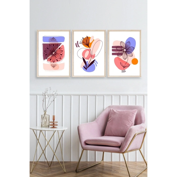 Çiçek Desenli Üçlü Ahşap Çerçeveli Tablo 50 x 70