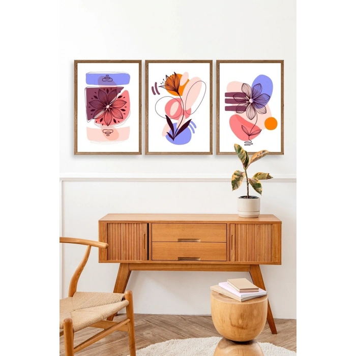 Çiçek Desenli Üçlü Ahşap Çerçeveli Tablo 50 x 70