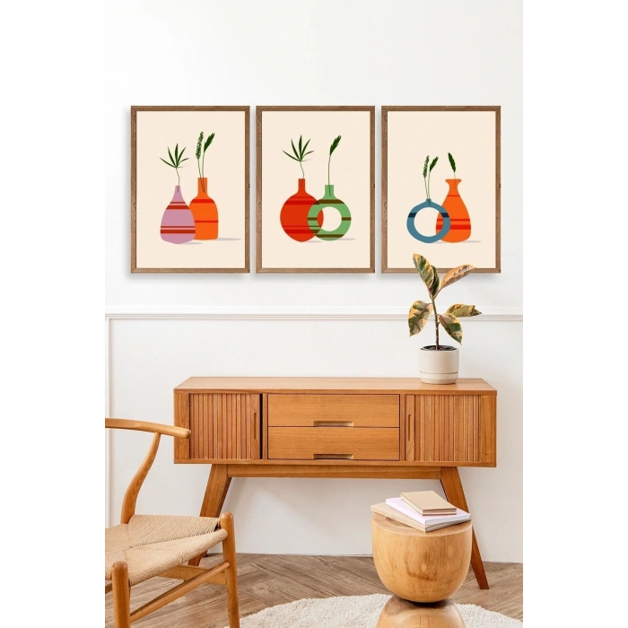 Çiçek Desenli Üçlü Ahşap Çerçeveli Tablo 50 x 70