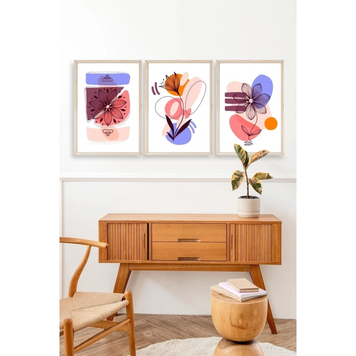 Çiçek Desenli Üçlü Ahşap Çerçeveli Tablo 50 x 70