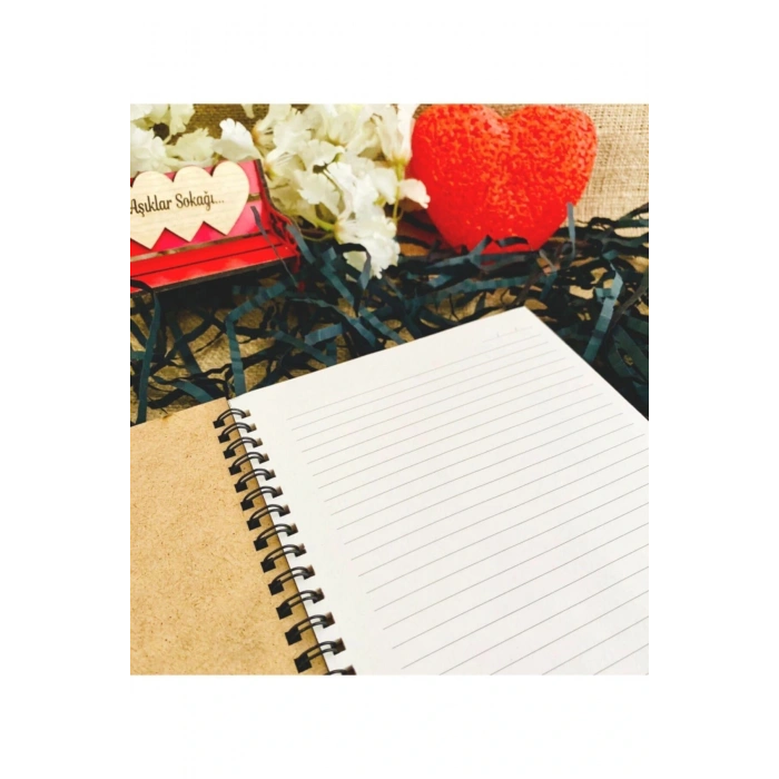 Çiçek Harf Baskılı Ahşap Defter Kalem Seti - Beyaz