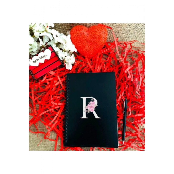 Çiçek Harf Baskılı Ahşap Defter Kalem Seti - Siyah