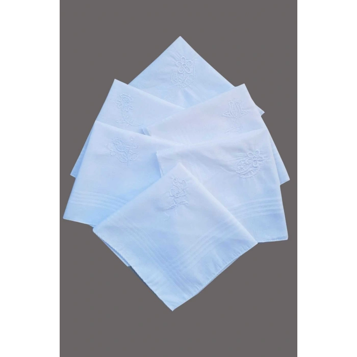 Flower Embroidered Set of 6 Womens White Handkerchief 28x28 cm 100% Cotton