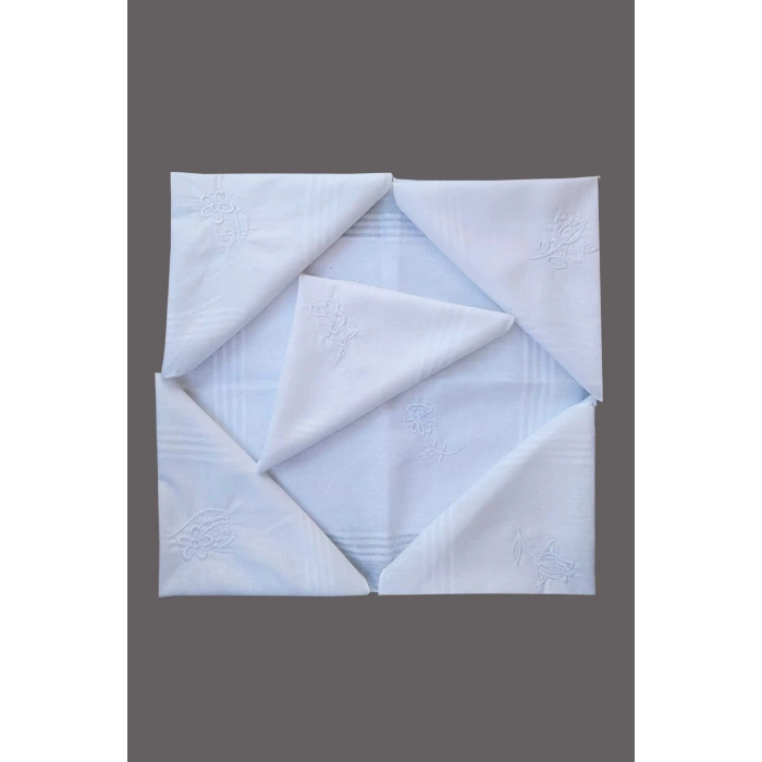 Flower Embroidered Set of 6 Womens White Handkerchief 28x28 cm 100% Cotton