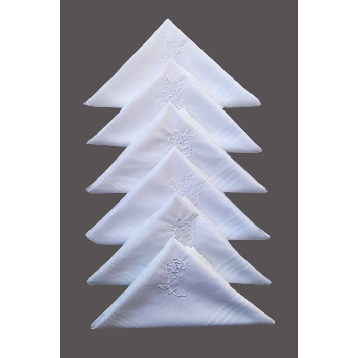 Flower Embroidered Set of 6 Womens White Handkerchief 28x28 cm 100% Cotton