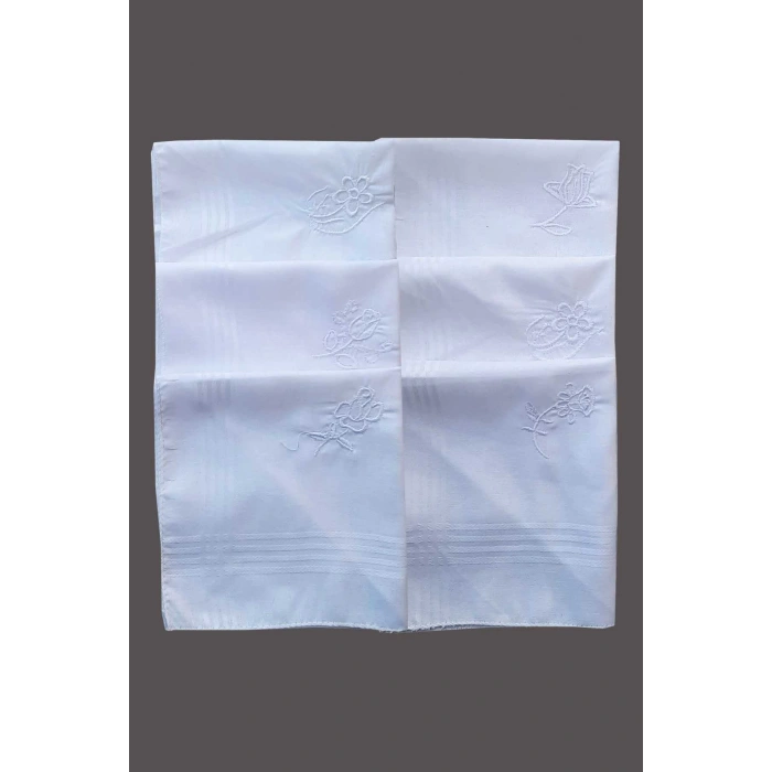 Flower Embroidered Set of 6 Womens White Handkerchief 28x28 cm 100% Cotton