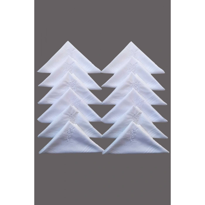 Çiçek İşlemeli Bayan Mendili 12 Adet 28x28 cm 100 Pamuk