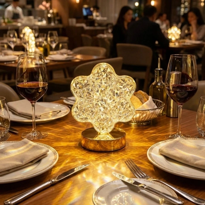 Çiçek Model Kristal LED Masa Lambası – Dokunmatik, 3 Renk Işık Modlu, Şarjlı Mini Dekoratif Gece Lambası (5365)