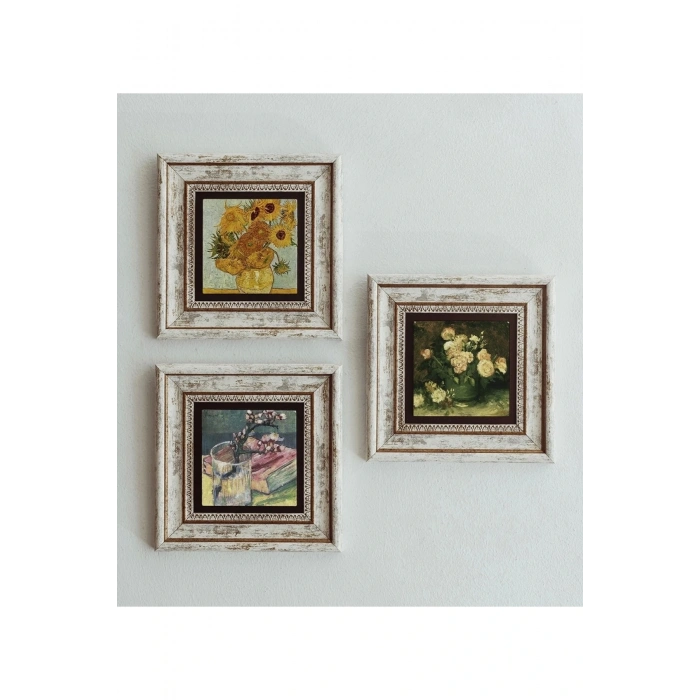Çiçek Tasarımlı 3lü Çerçeveli Taş Tablo , Çerçeveli Taş Duvar Dekoru 20 cm