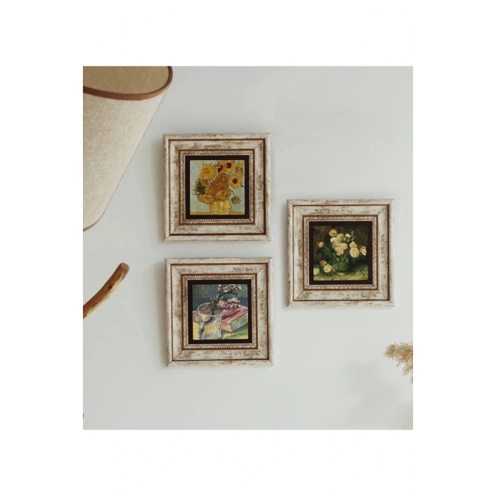 Çiçek Tasarımlı 3lü Çerçeveli Taş Tablo , Çerçeveli Taş Duvar Dekoru 20 cm