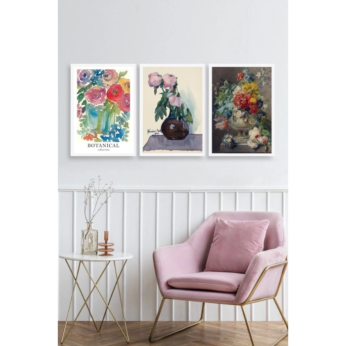 Çiçek Üçlü Ahşap Çerçeveli Tablo 23 x 30