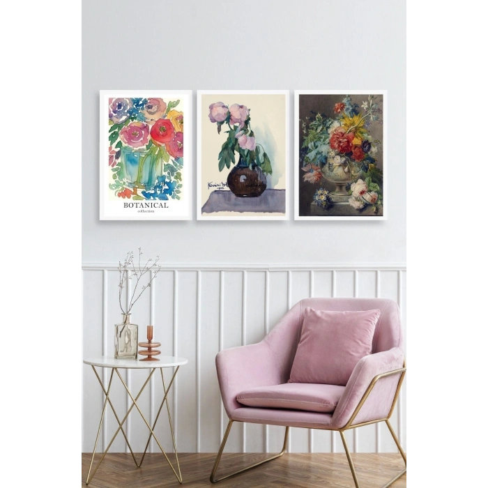 Çiçek Üçlü Ahşap Çerçeveli Tablo 23 x 30