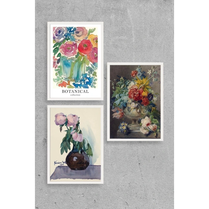Çiçek Üçlü Ahşap Çerçeveli Tablo 23 x 30