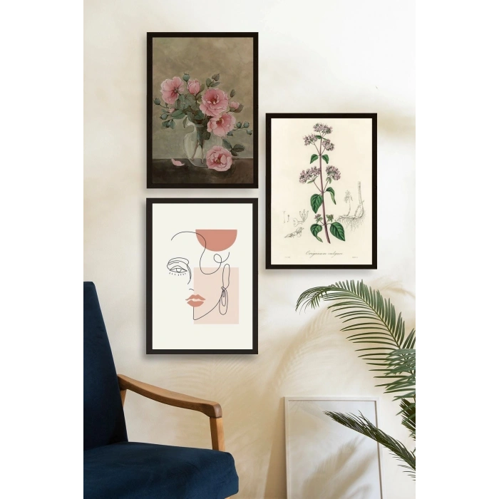 Çiçek Üçlü Ahşap Çerçeveli Tablo 23 x 30