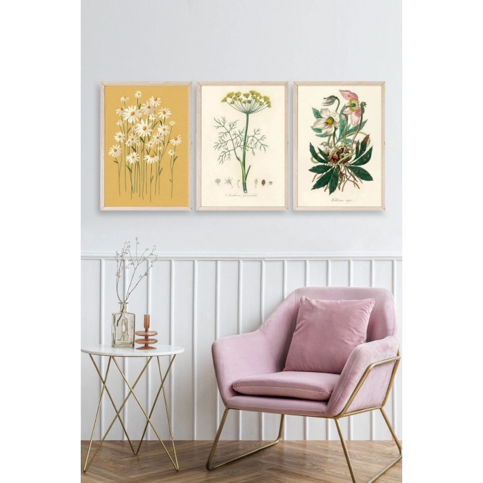 Çiçek Üçlü Ahşap Çerçeveli Tablo 23 x 30