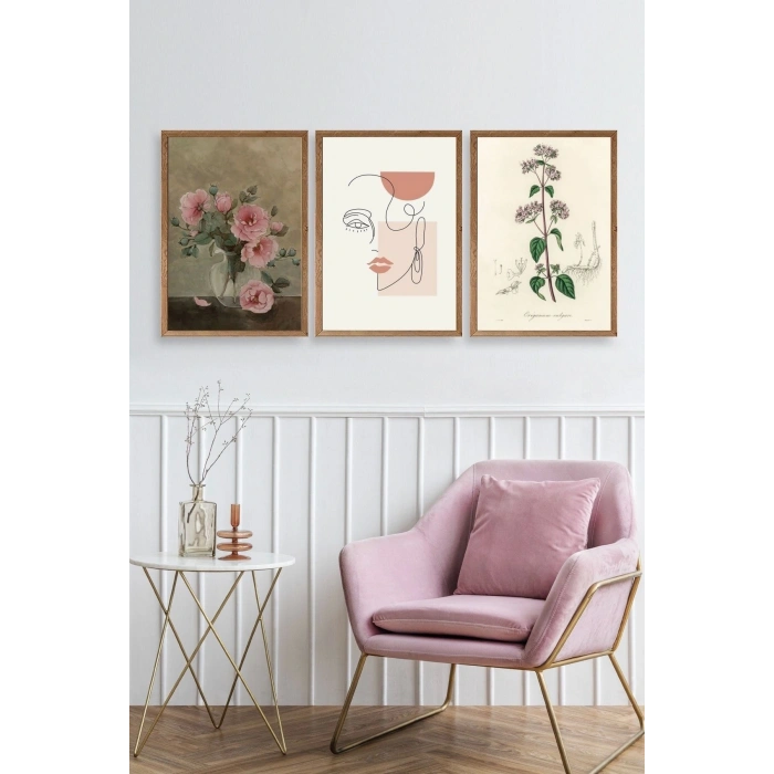 Çiçek Üçlü Ahşap Çerçeveli Tablo 23 x 30