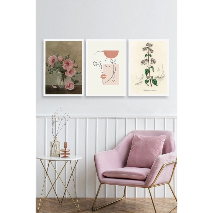 Çiçek Üçlü Ahşap Çerçeveli Tablo 23 x 30