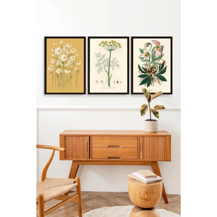 Çiçek Üçlü Ahşap Çerçeveli Tablo 23 x 30