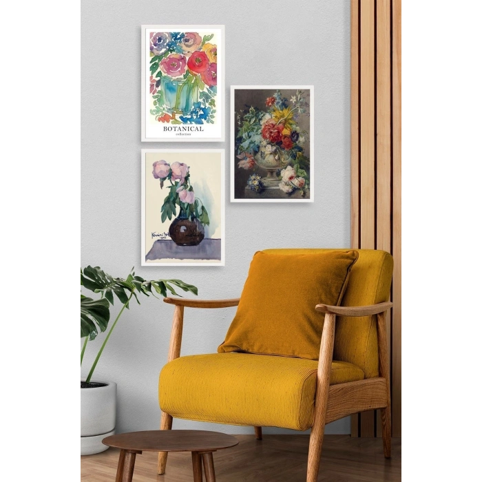 Çiçek Üçlü Ahşap Çerçeveli Tablo 23 x 30