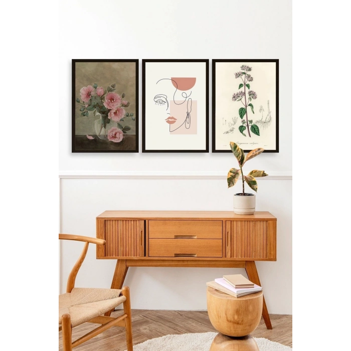 Çiçek Üçlü Ahşap Çerçeveli Tablo 23 x 30