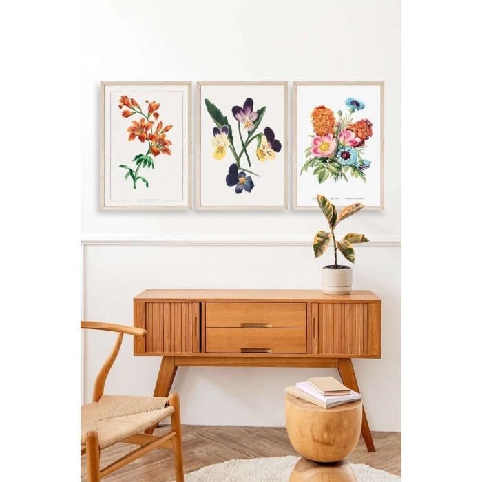 Çiçek Üçlü Ahşap Çerçeveli Tablo 23 x 30