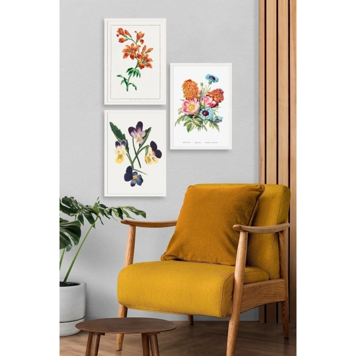 Çiçek Üçlü Ahşap Çerçeveli Tablo 23 x 30