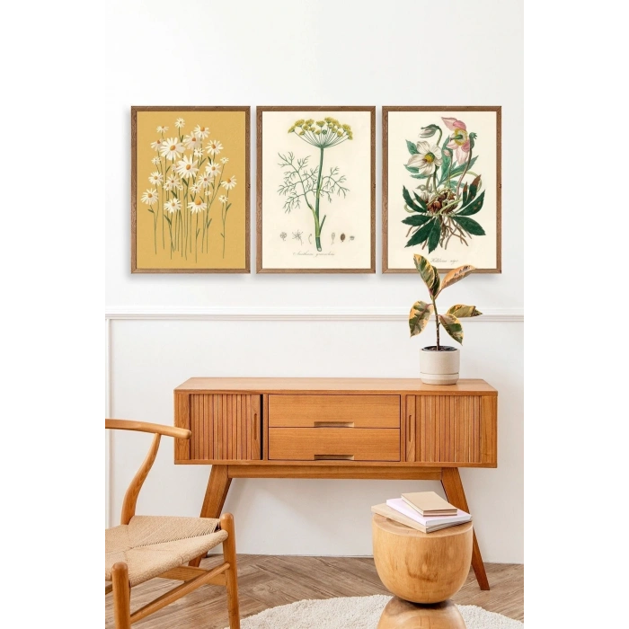Çiçek Üçlü Ahşap Çerçeveli Tablo 23 x 30