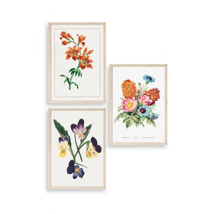 Çiçek Üçlü Ahşap Çerçeveli Tablo 30 x 40