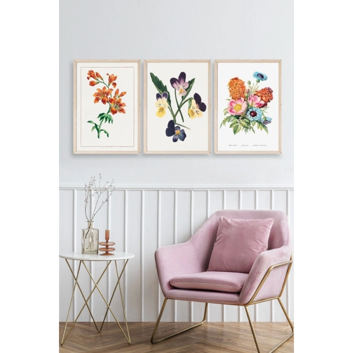 Çiçek Üçlü Ahşap Çerçeveli Tablo 30 x 40
