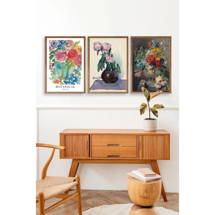 Çiçek Üçlü Ahşap Çerçeveli Tablo 30 x 40