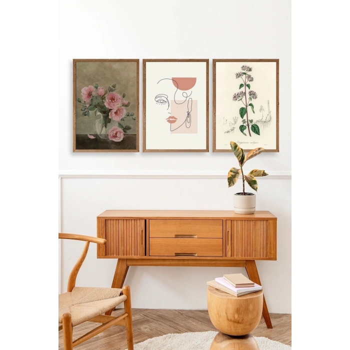 Çiçek Üçlü Ahşap Çerçeveli Tablo 30 x 40