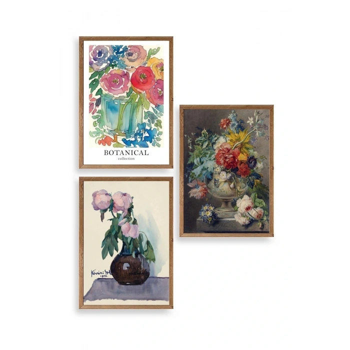 Çiçek Üçlü Ahşap Çerçeveli Tablo 40 x 60