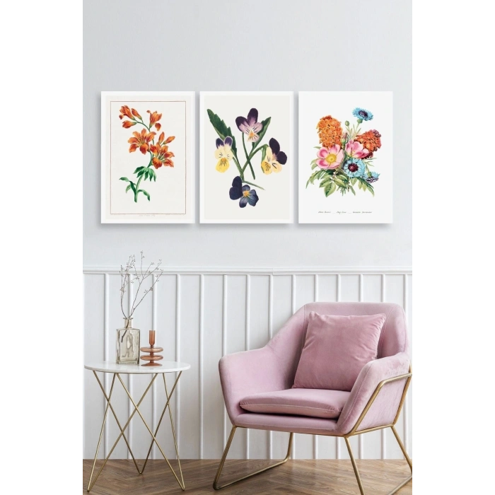 Çiçek Üçlü Ahşap Çerçeveli Tablo 40 x 60