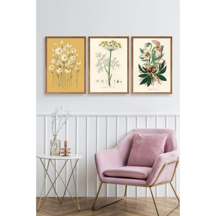 Çiçek Üçlü Ahşap Çerçeveli Tablo 40 x 60
