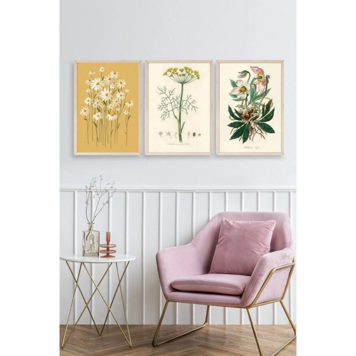 Çiçek Üçlü Ahşap Çerçeveli Tablo 40 x 60