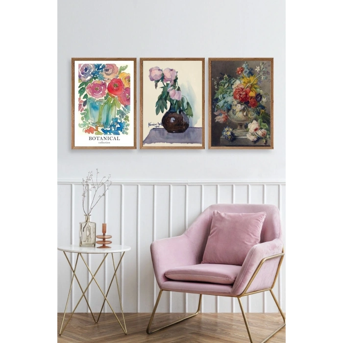 Çiçek Üçlü Ahşap Çerçeveli Tablo 40 x 60
