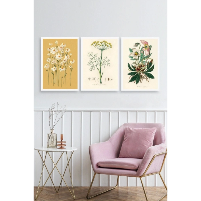 Çiçek Üçlü Ahşap Çerçeveli Tablo 40 x 60